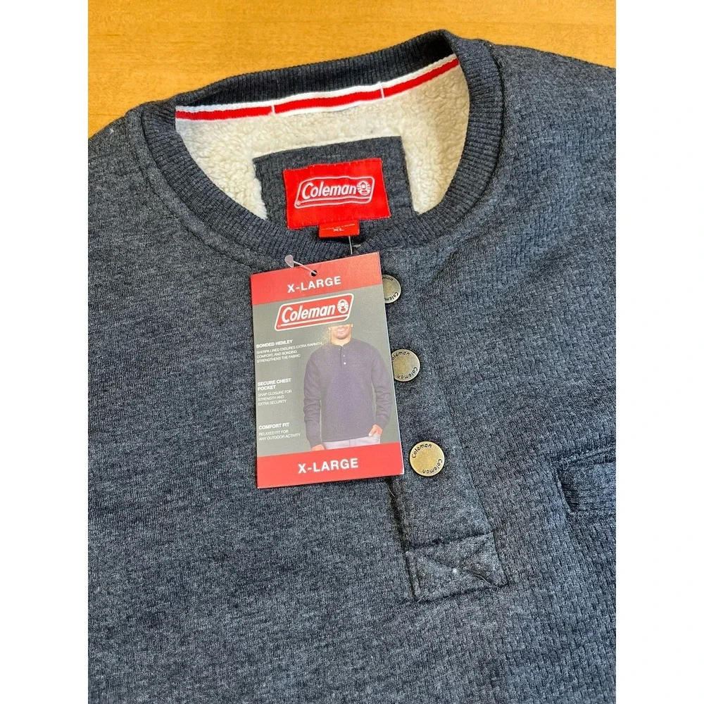 Coleman‎ Mens X-LARGE Gray Sherpa Lined Waffle Henley Shirt Chest Pocket NWT $70